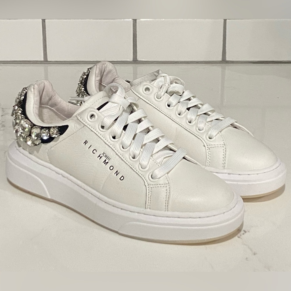 John Richmond Rhinestone Embellished Leather Fashion Sneaker White Size 36 New